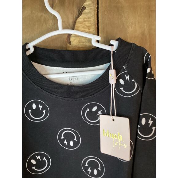 Blush Lotus Black With White Smiley Face French Terry Sweatshirt Size 7Y - Picture 3 of 4